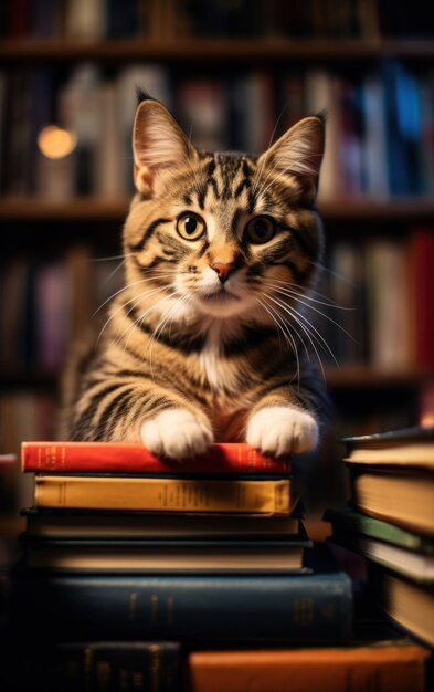 Foto el gato gracioso en el estante de la biblioteca