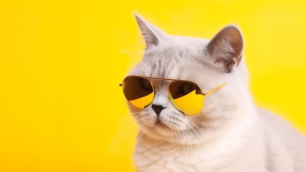 Gato gracioso con gafas de sol en un fondo de color pastel amarillo IA generativa