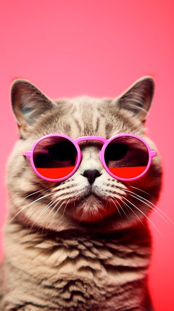 Foto un gato gracioso con gafas de sol de fondo de estudio rosa