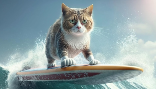 Gato gracioso con gafas de sol monta una tabla de surf en las olas del océano Concepto de vacaciones de verano Ai generativo