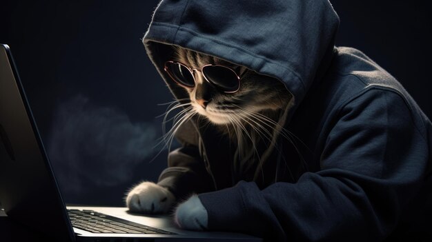 Foto gato gracioso con gafas de sol trabajando en la computadora portátil en la noche hacker con capucha tema oscuro