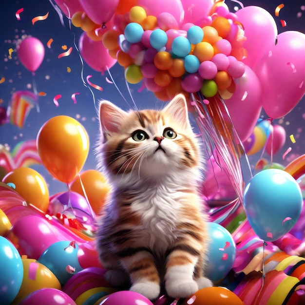 gato gracioso con globos de colores y globos de cumpleaños