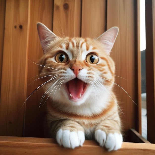 Gato gracioso con grandes ojos expresivos y boca abierta en la habitación cierra la generación de IA maullando