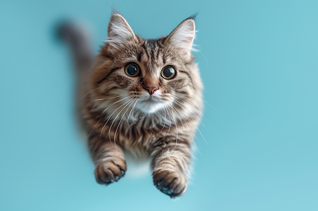 Foto un gato gracioso levita en el aire en un primer plano de fondo azul