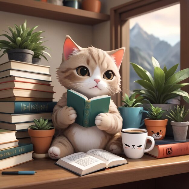 Un gato gracioso leyendo un libro y durmiendo