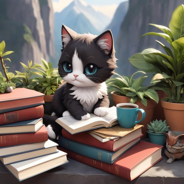 Un gato gracioso leyendo un libro y durmiendo