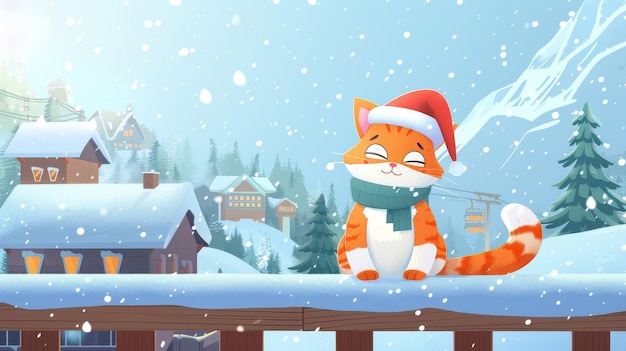 Gato gracioso con pañuelo de sombrero de Papá Noel y guantes sentado en la barandilla de la terraza de madera con hotel de esquí en la nieve Ilustración moderna del personaje de Navidad del gatito de dibujos animados en la nevada