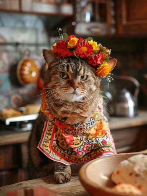 Un gato gracioso con un sombrero tejido a mano y un poncho elegantemente equilibrado.