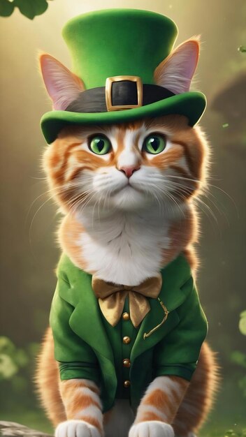 El gato gracioso con el sombrero verde del duende.
