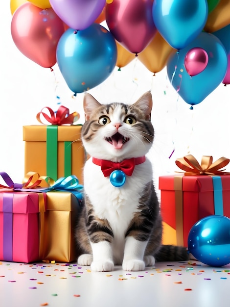 Foto gato gracioso sonriendo en la fiesta con regalos de globos y confeti aislados sobre un fondo blanco