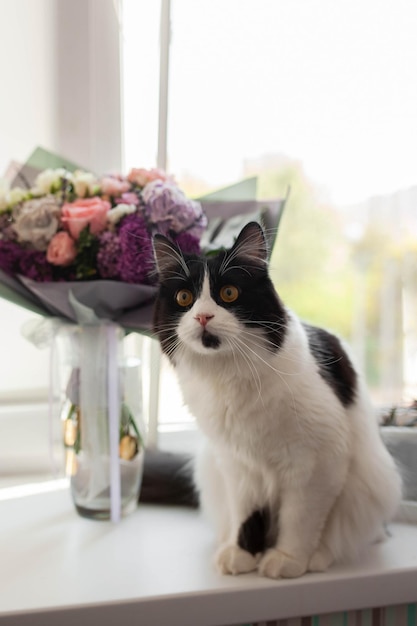 Gato y un gran ramo de flores en la ventana.