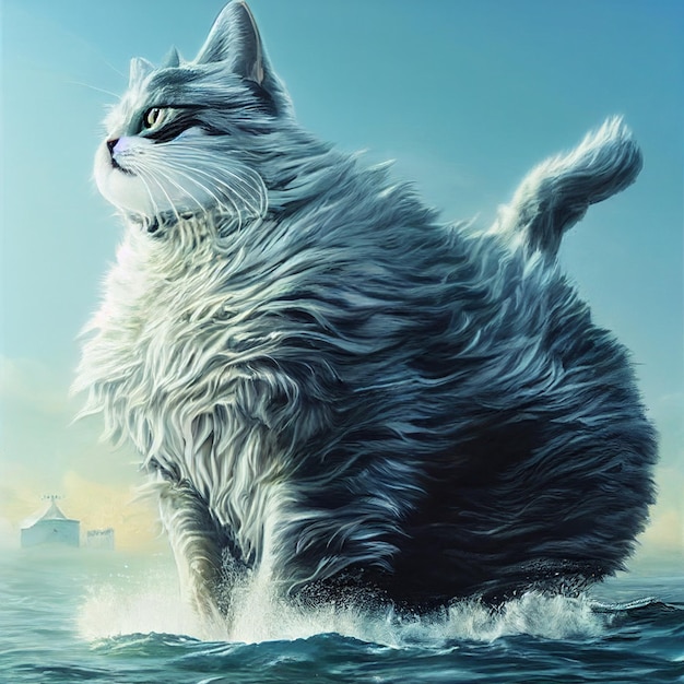 Gato grande en la ilustración de fantasía de mar