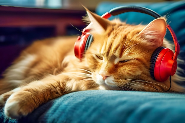 Gato con grandes auriculares rojos en la cabeza duerme y escucha música en un sofá de terciopelo azul