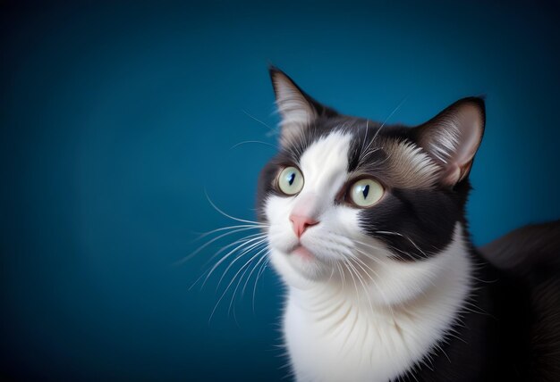 Un gato con grandes ojos alerta y bigotes contra un fondo azul borroso