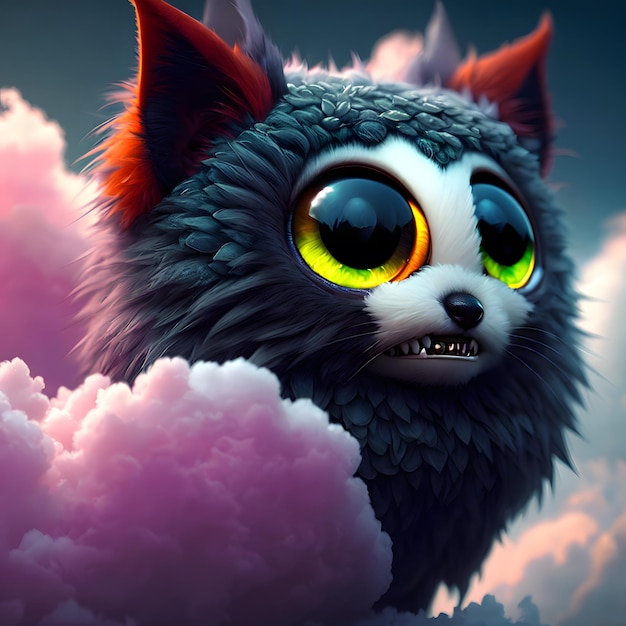 Un gato con grandes ojos amarillos está en las nubes.