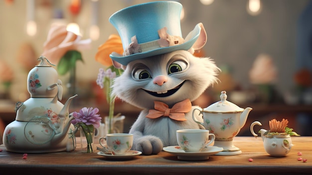 Gato gris animado con un sombrero azul rodeado de un juego de té y flores