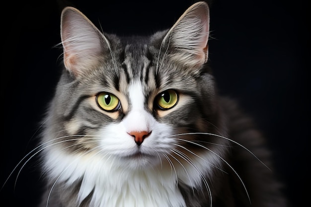 un gato gris y blanco con ojos verdes