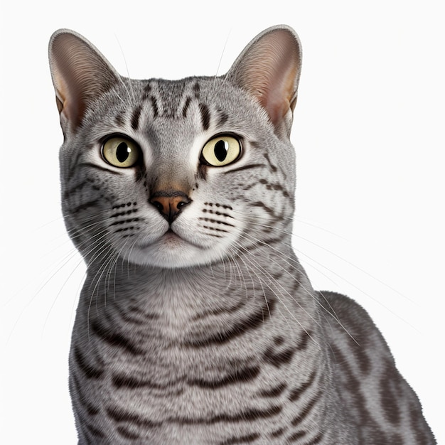 Un gato gris y blanco con rayas negras y ojos amarillos.