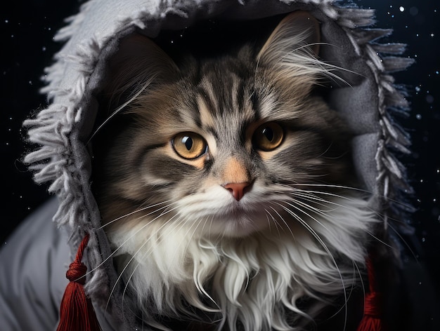 Un gato gris se calienta con ropa de invierno generada por la IA