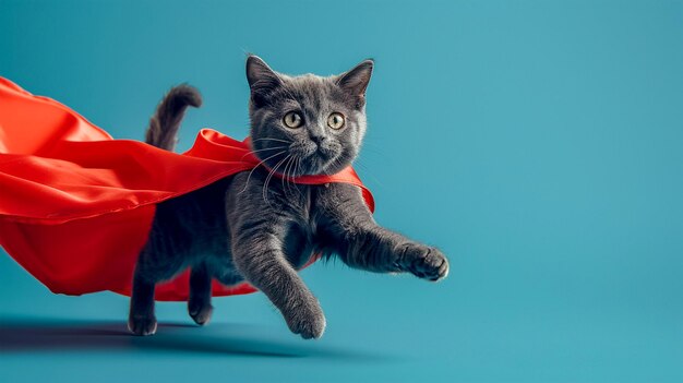 Un gato gris con una capa roja de superhéroe se apresura al rescate sobre un fondo azul Ayuda