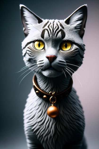 Un gato gris con un cascabel dorado y un collar marrón.