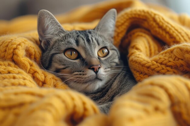 Gato gris descansando en una manta amarilla