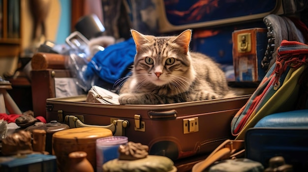 Un gato gris está acostado en una maleta.