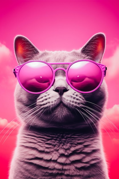 Gato gris con gafas fondo rosa