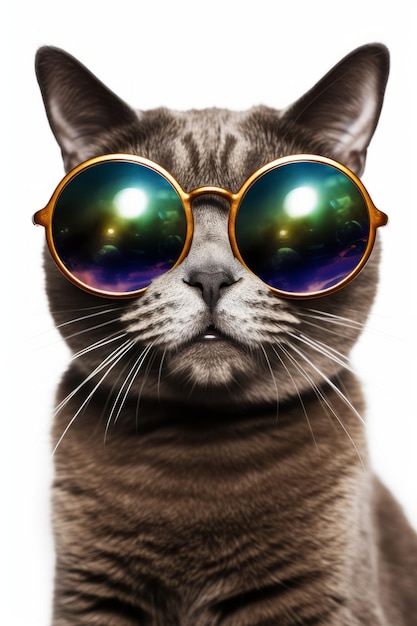 Foto gato gris con gafas de sol redondas grandes y verdes sobre un fondo blanco