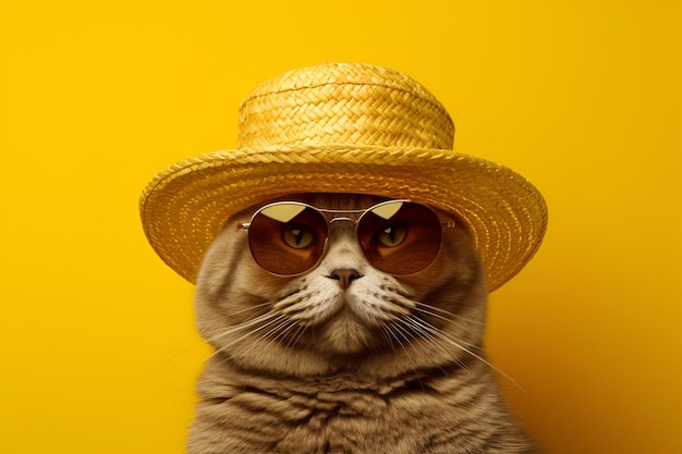 Foto gato gris con gafas de sol y sombrero de paja generado por ia