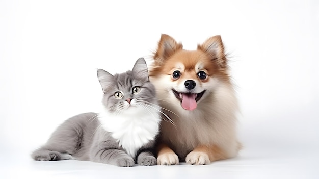 Gato gris gracioso y perro sonriente sobre fondo blanco