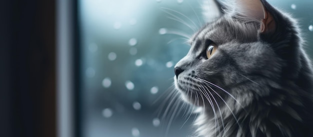 Gato gris mirando por la ventana con un enfoque suave