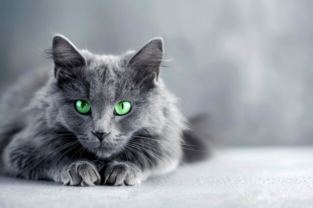 Gato gris con ojos verdes acostado