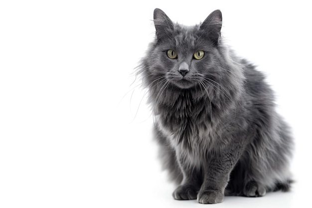 un gato gris con ojos verdes y un fondo blanco