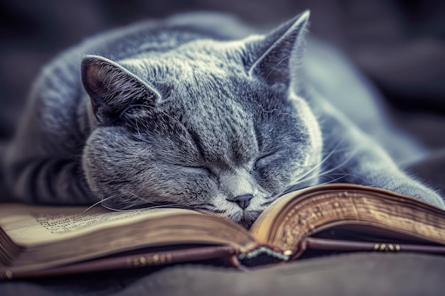 Un gato gris pacífico durmiendo sobre un libro abierto en un ambiente acogedor del hogar que representa la relajación