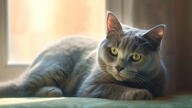 Un gato gris de pelo corto tumbado cómodamente en una habitación bien iluminada El gato está rodeado de una IA generativa de color pastel suave