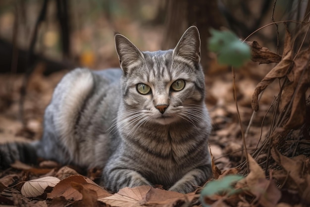 Gato gris posa en suelo frondoso