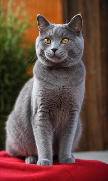 Foto un gato gris sentado encima de un cojín rojo