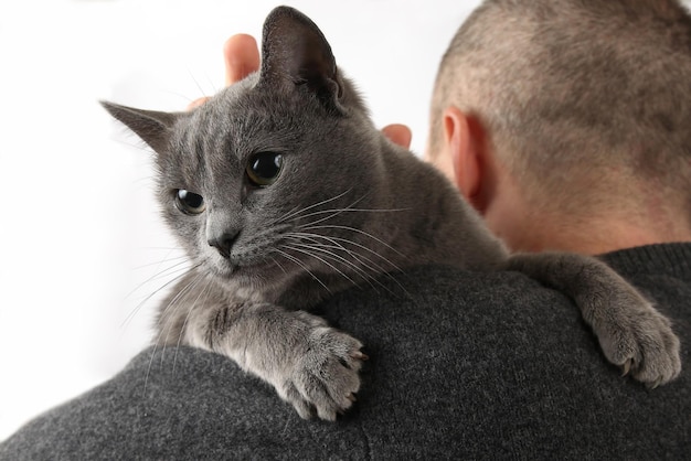 Gato gris sentado en el hombro de un hombre