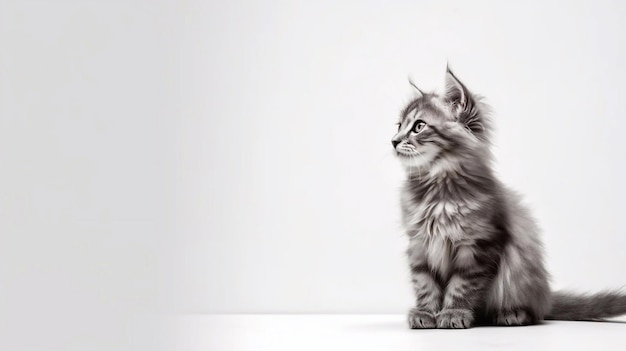 Un gato gris se sienta en una mesa frente a una pared blanca.