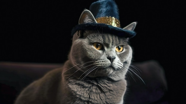 Gato gris con un sombrero en un fondo oscuro