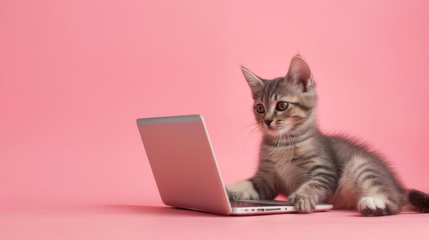 Gato gris trabaja en la computadora como desarrollador en línea