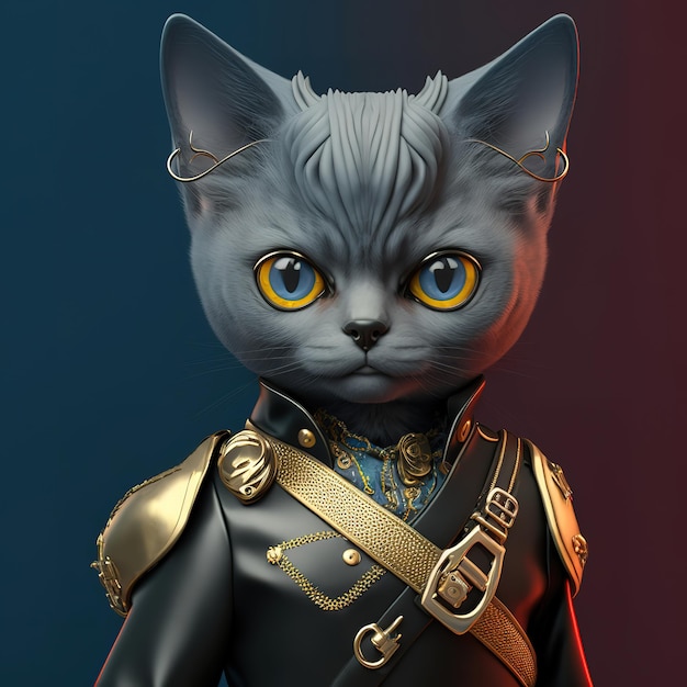 Gato gris con traje de imperator y accesorios dorados