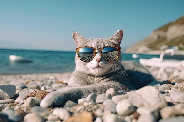 Gato gris tumbado en una playa de piedra con gafas de sol contra el fondo del mar