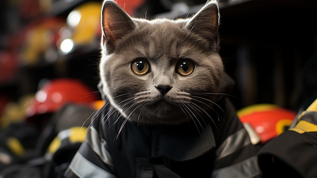 Un gato gris con un uniforme de bomberos