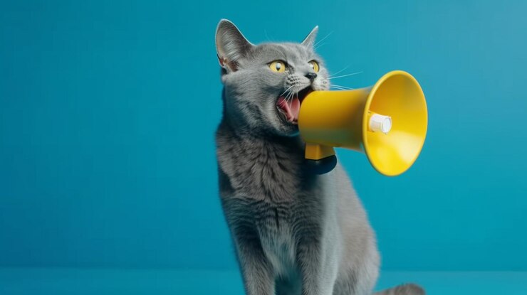Gato gritando a través de un megáfono Blue backgroundgenerative ai