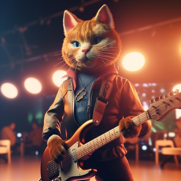 Un gato con una guitarra en la cara toca una guitarra.