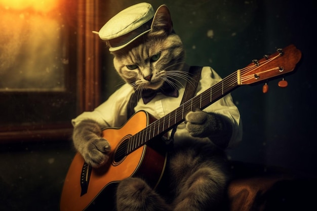 Un gato con una guitarra encima.