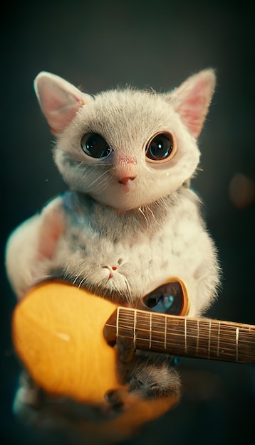 Un gato con una guitarra en sus patas.