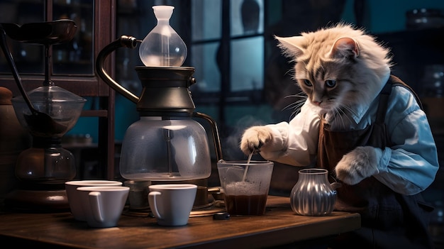 gato haciendo café en la cafetería